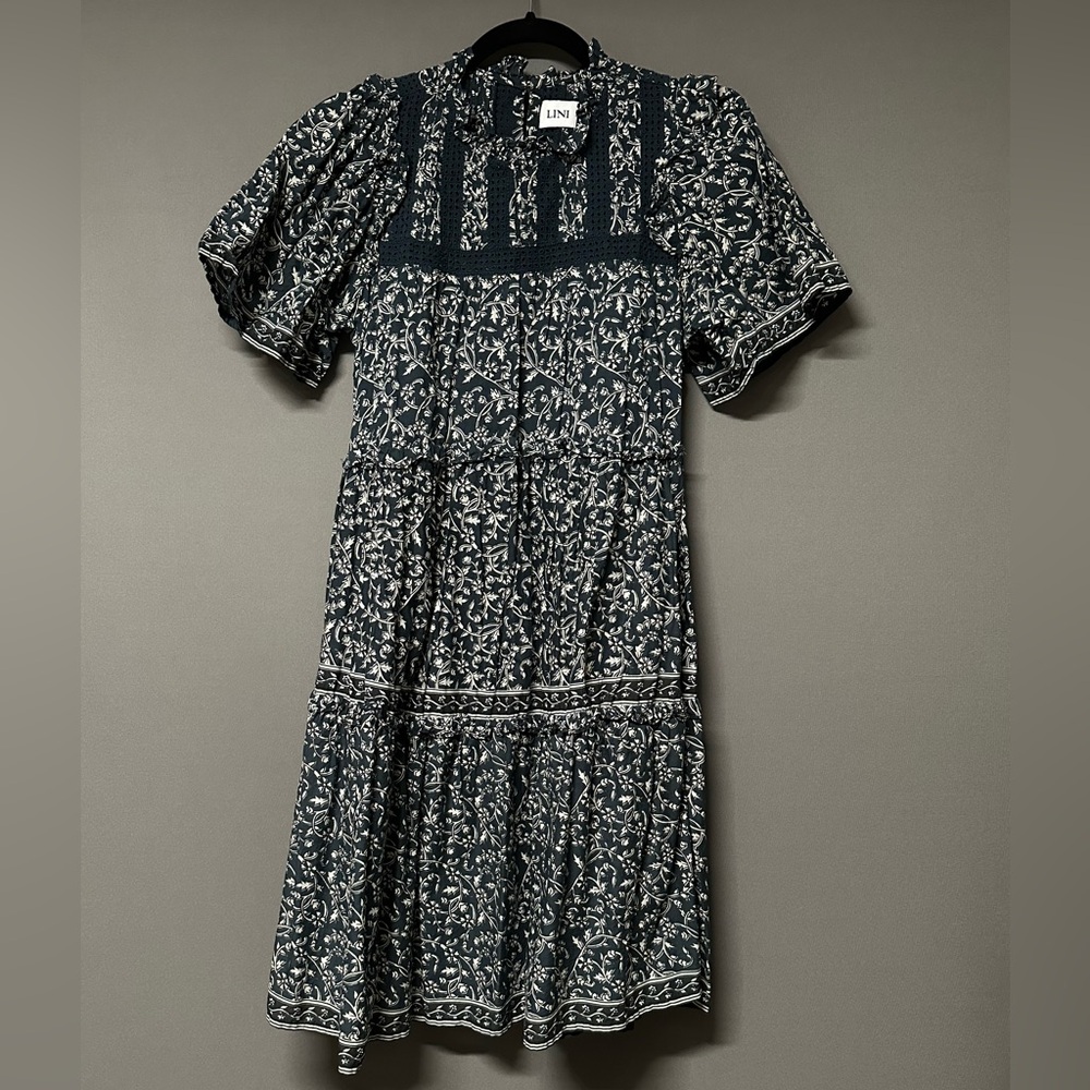 LINI Navy and White Patterned Midi Dress